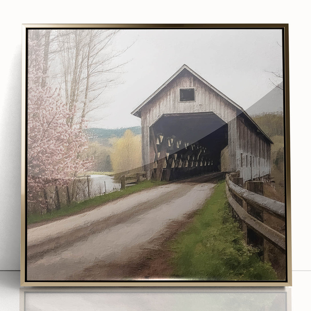 Mid-century modernist style large art print of a covered bridge, framed in gold acrylic, suitable for modern art wall decor.