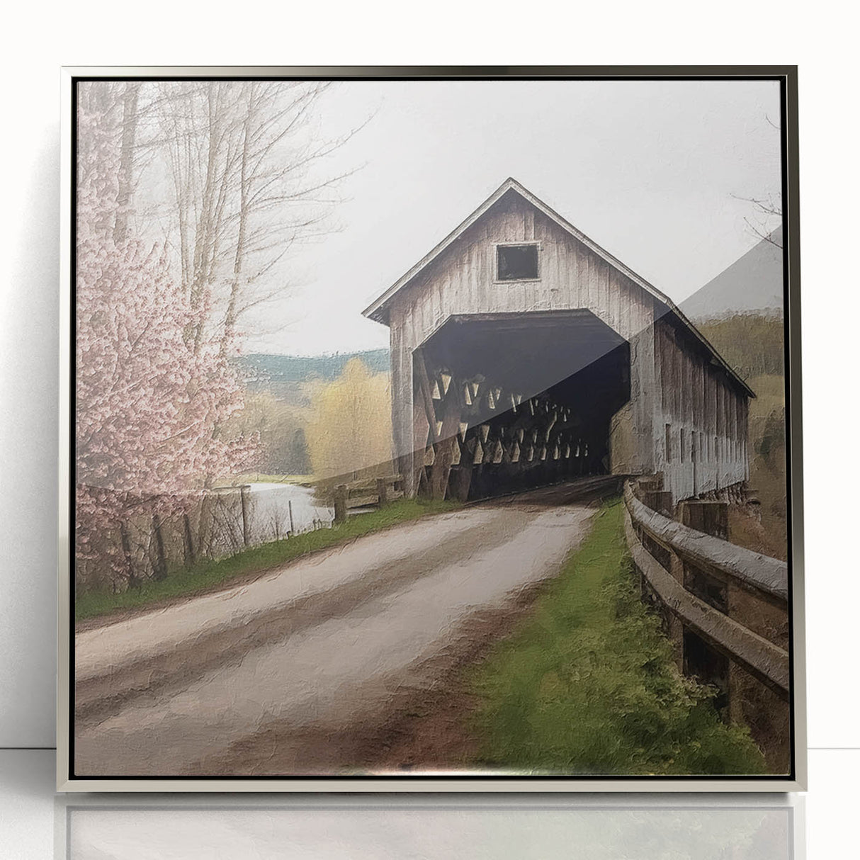Mid-century modernist art of a covered bridge in muted earth tones on a framed acrylic, suitable for modern art wall decor.