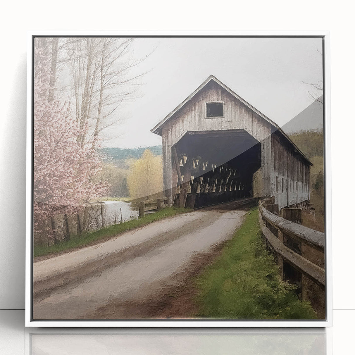 Art Deco style poster of a covered bridge in muted gray and blue, framed acrylic, ideal for modern art wall decor.