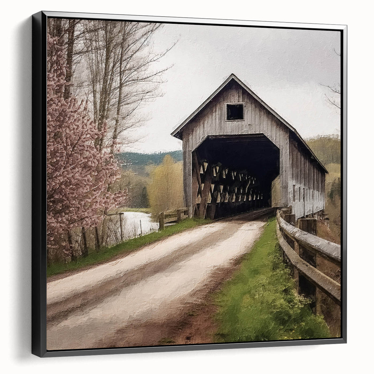Black and white vintage poster art of a covered bridge, framed canvas, ideal for bedroom wall decor.