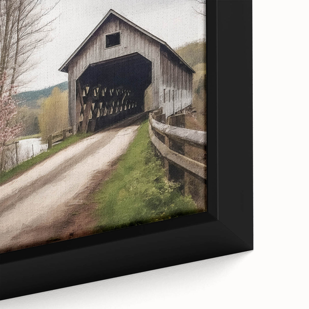 Extra large framed canvas featuring a textured, colorful close-up of a covered bridge, ideal for living room decor.