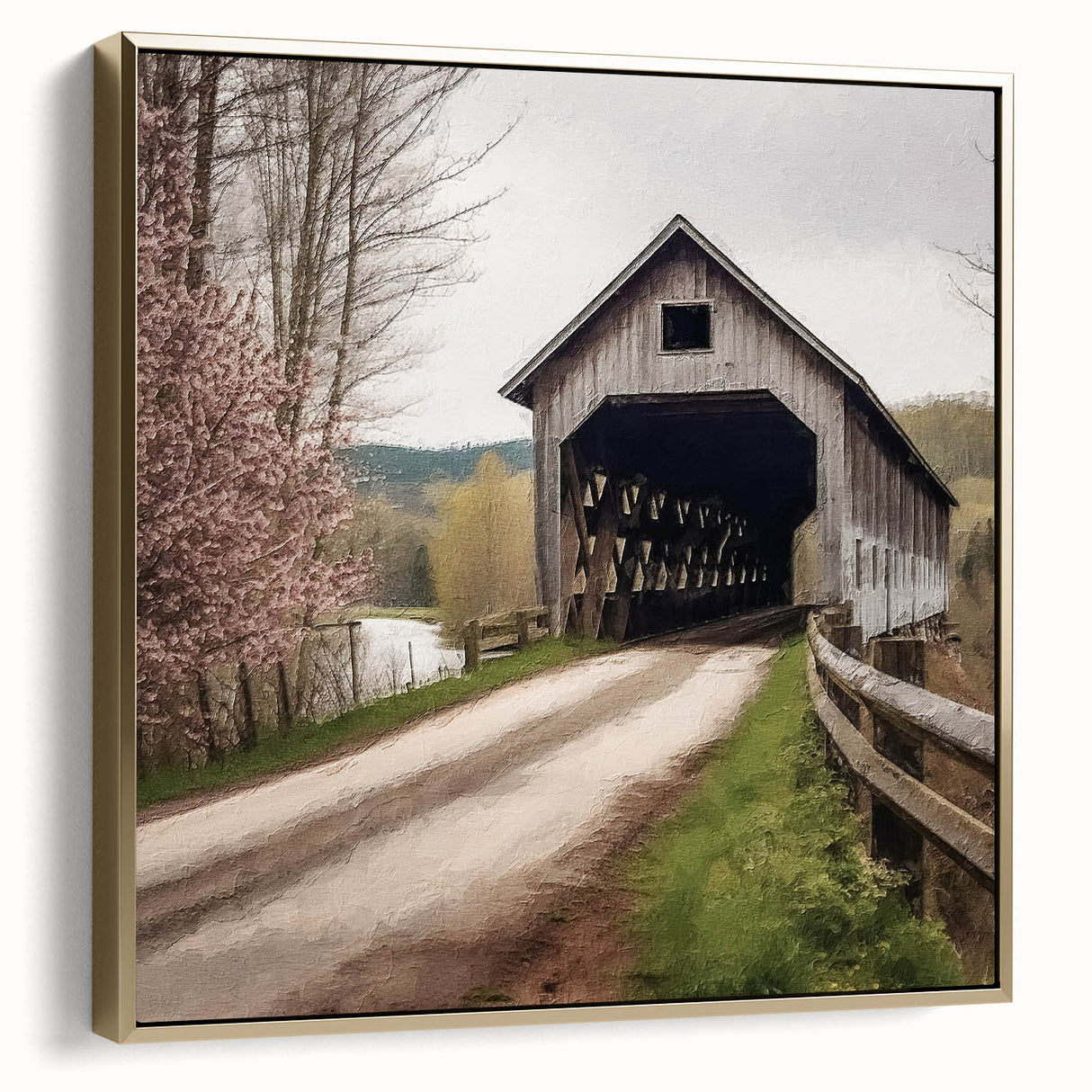Framed canvas featuring a vintage-style landscape painting of a covered bridge in silver and gold tones.