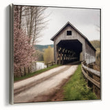 Framed canvas of a vintage-style landscape painting featuring a covered bridge in muted earth tones.