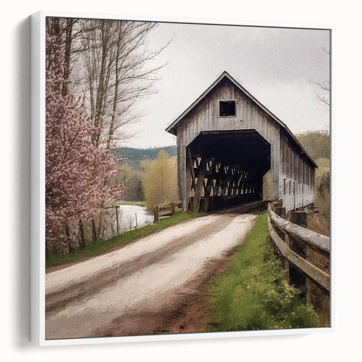 Vintage poster art of a covered bridge in muted colors on a framed canvas, suitable for living room decor.