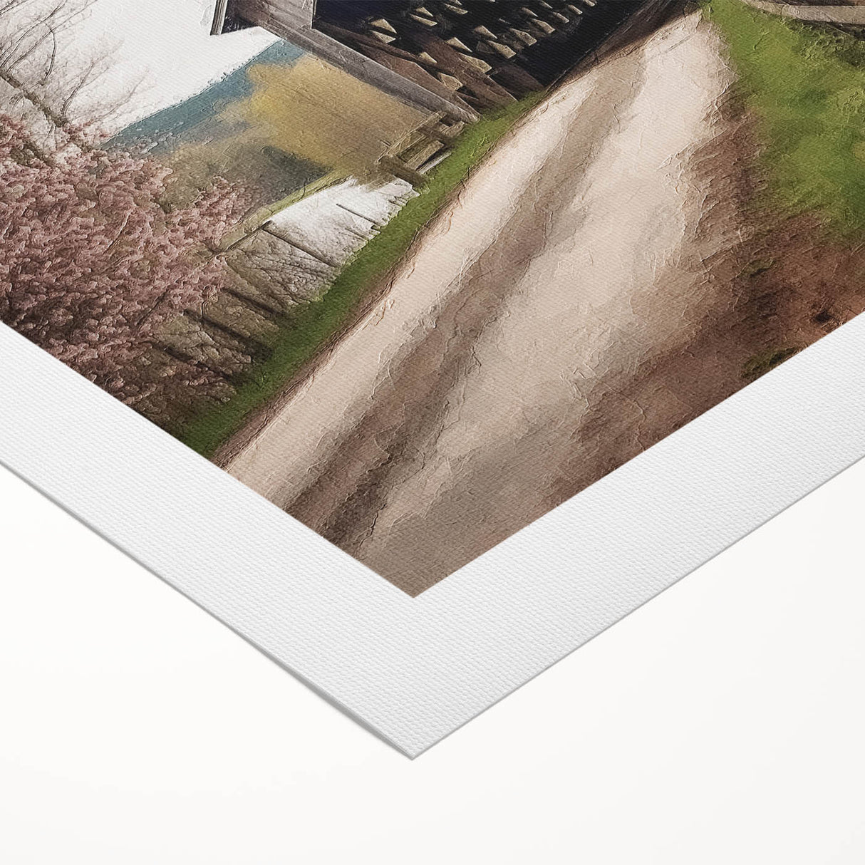 Art deco poster of a covered bridge in muted gray tones on rolled canvas, ideal for dining room wall art.