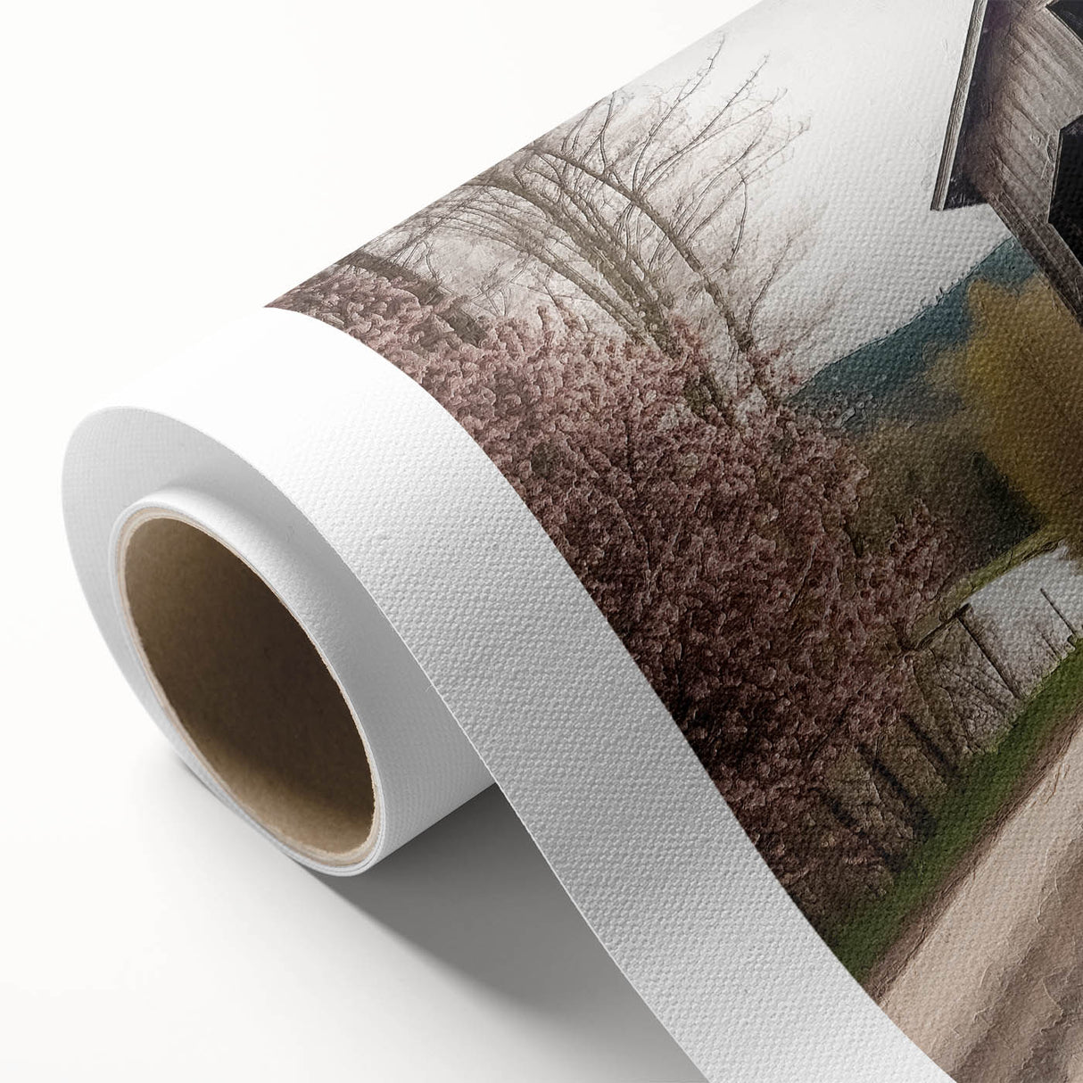 Art deco style poster of a covered bridge in muted blue and gray tones on rolled canvas, suitable for nursery wall art.