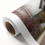 Art deco style poster of a covered bridge in muted blue and gray tones on rolled canvas, suitable for nursery wall art.