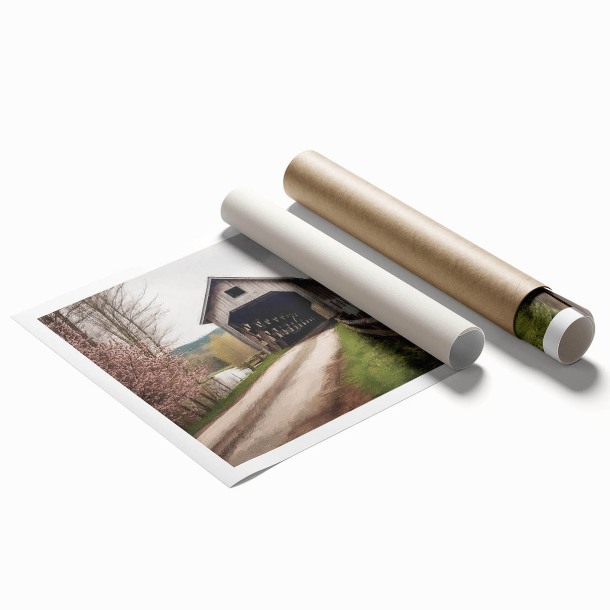 Extra large rolled print featuring a covered bridge design in muted earth tones, suitable for classy bathroom wall art.