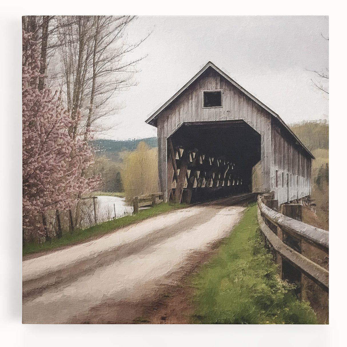 Black and white photo of a covered bridge on stretched canvas, ideal for kitchen wall art.