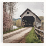 Black and white photo of a covered bridge on stretched canvas, ideal for kitchen wall art.