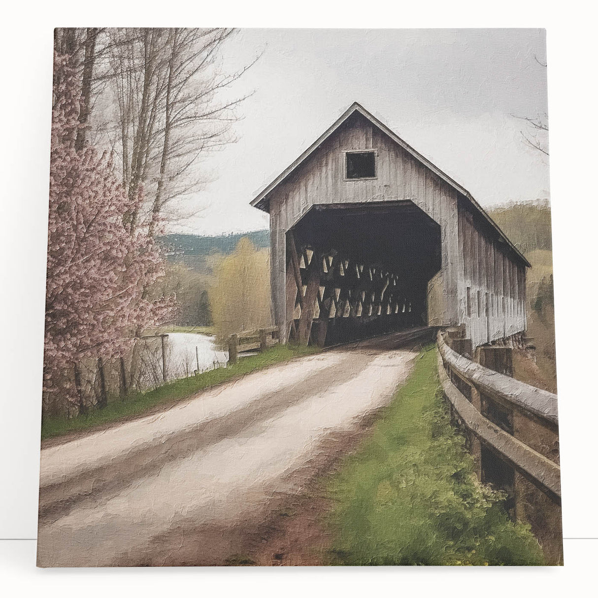Black and white photo of a covered bridge on stretched canvas, suitable as large kitchen or bedroom wall art.