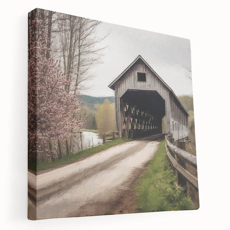 Side view of a covered bridge in muted earth tones on stretched canvas, suitable for kitchen wall art.