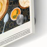 Large abstract wall art featuring assorted food dishes in vibrant colors on acrylic glass, suitable for dining room decor.