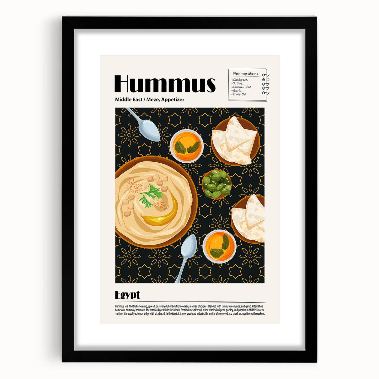 Extra large abstract art print featuring colorful, textured food dishes on a black framed canvas.