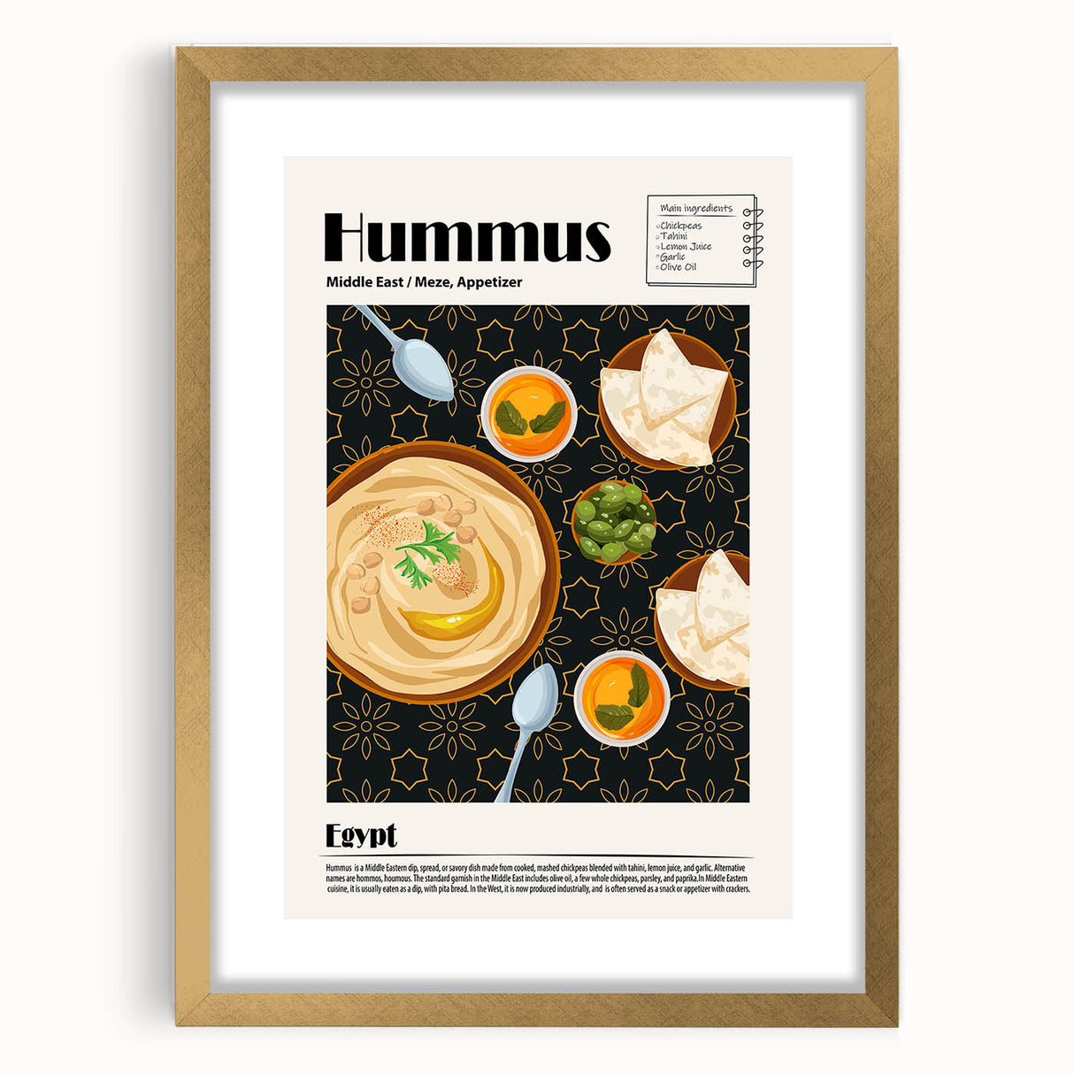 Extra large abstract art print featuring a montage of various food dishes in muted earth tones, framed in gold.