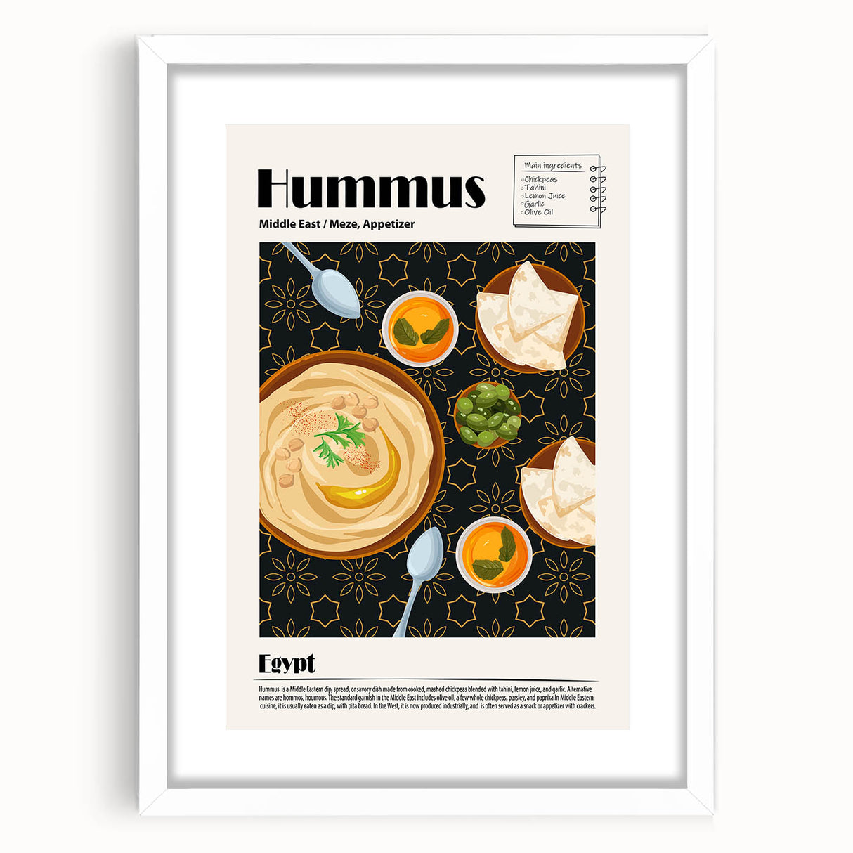 Abstract art print of various food dishes in muted earth tones, framed with a white mat, suitable for dining room decor.