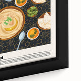 Extra large black wall art on canvas featuring close-up of various colorful food dishes, textured detail.