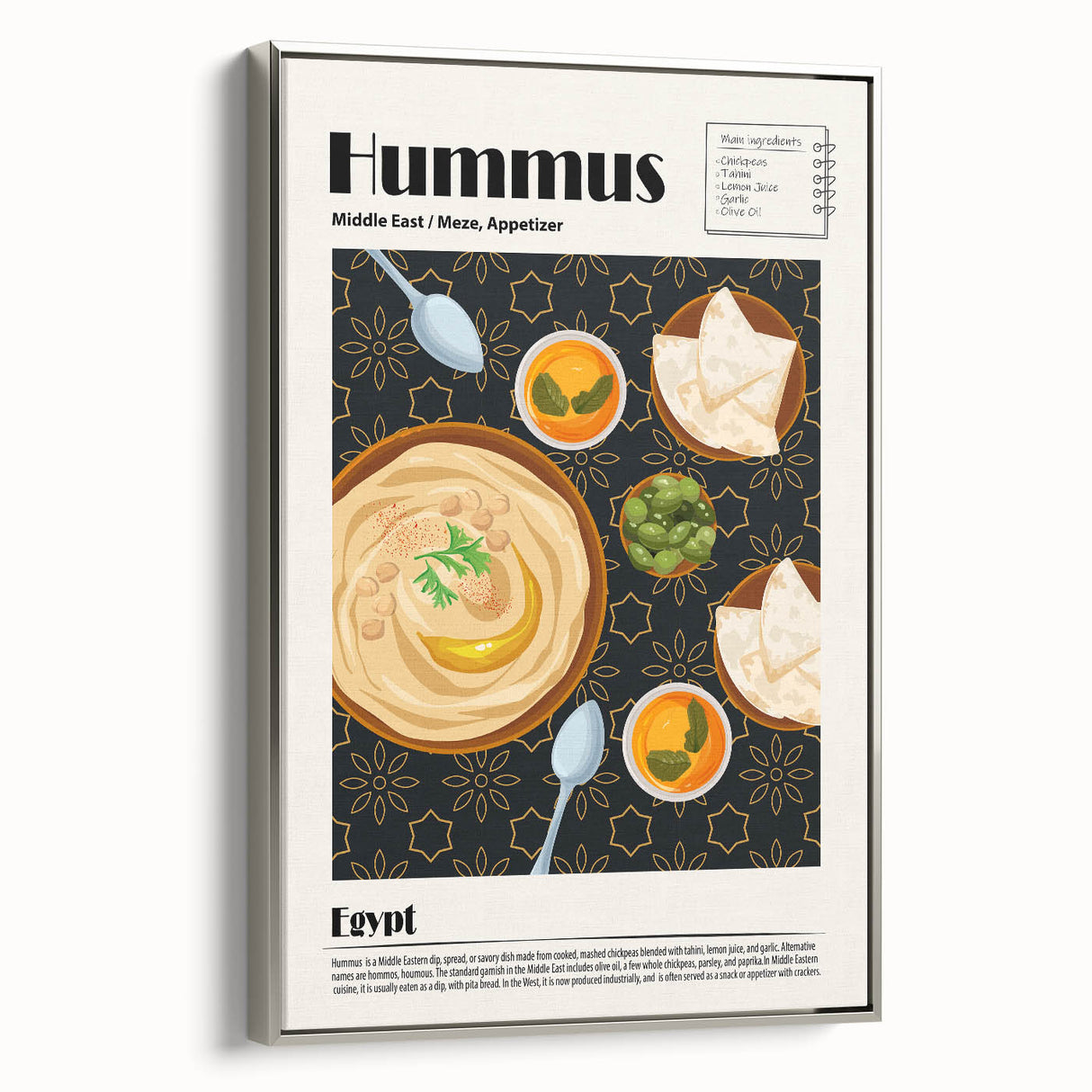 Landscape art painting of 50 colorful food dishes on a silver-framed canvas, ideal for kitchen wall art.