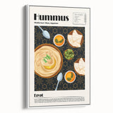 Vintage poster art featuring colorful illustrations of fifty food dishes on a large framed canvas.