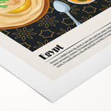 Art deco poster featuring an array of stylized food dishes in bold colors on rolled canvas, ideal for dining room decor.