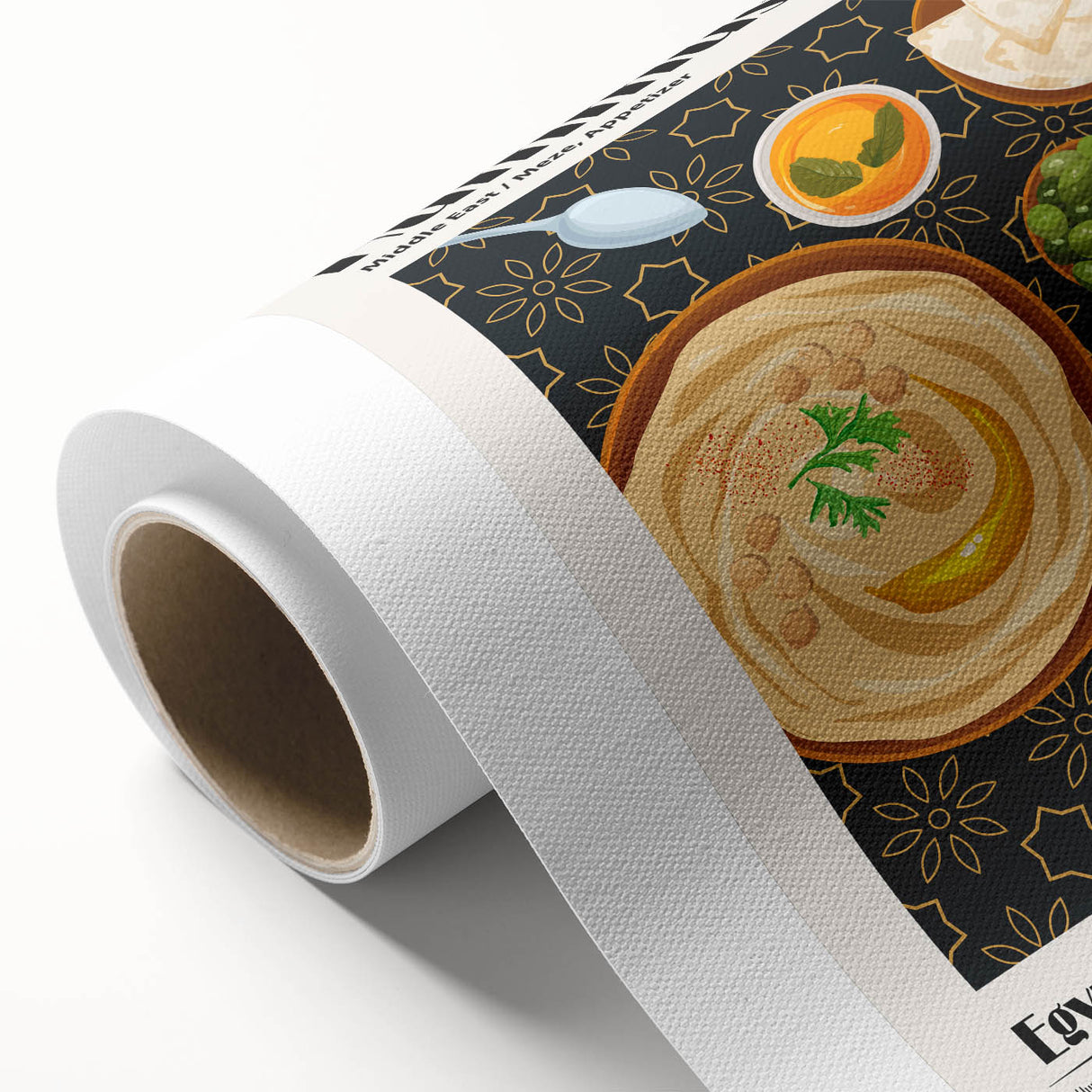 Art deco poster featuring 50 illustrated food dishes in muted pastel shades on rolled canvas, ideal for dining room decor.