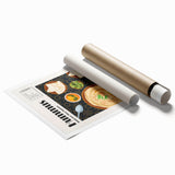 Extra large rolled print featuring a variety of colorful food dishes.