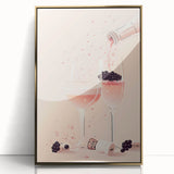 Art deco poster of assorted beverages in gold frames, in muted earth tones, ideal for modern kitchen decor.