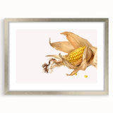 Textured art featuring abstract fruit designs in soft pastel colors, displayed in a silver frame, suitable for bedroom decor.