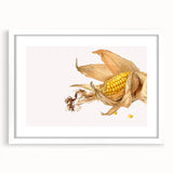 Abstract art print of colorful fruits in a white frame, ideal for dining room decor.