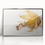 Mid-century modernist art featuring an array of fruits in vibrant colors, framed in silver acrylic.