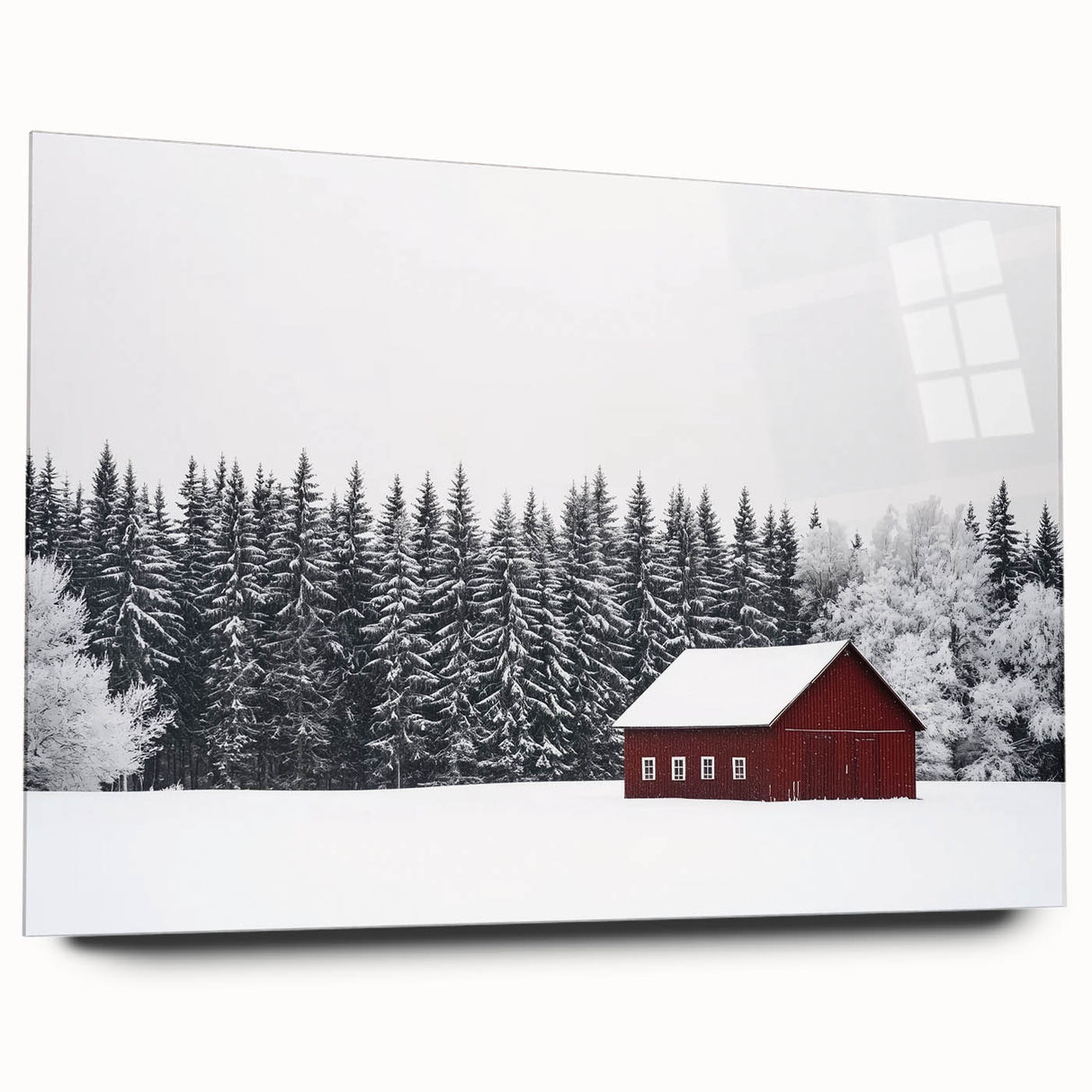 Side view of a landscape barn acrylic glass artwork showcasing vibrant colors and intricate details, perfect for home decor or art collectors. Ideal for enhancing interior spaces with a rustic charm.