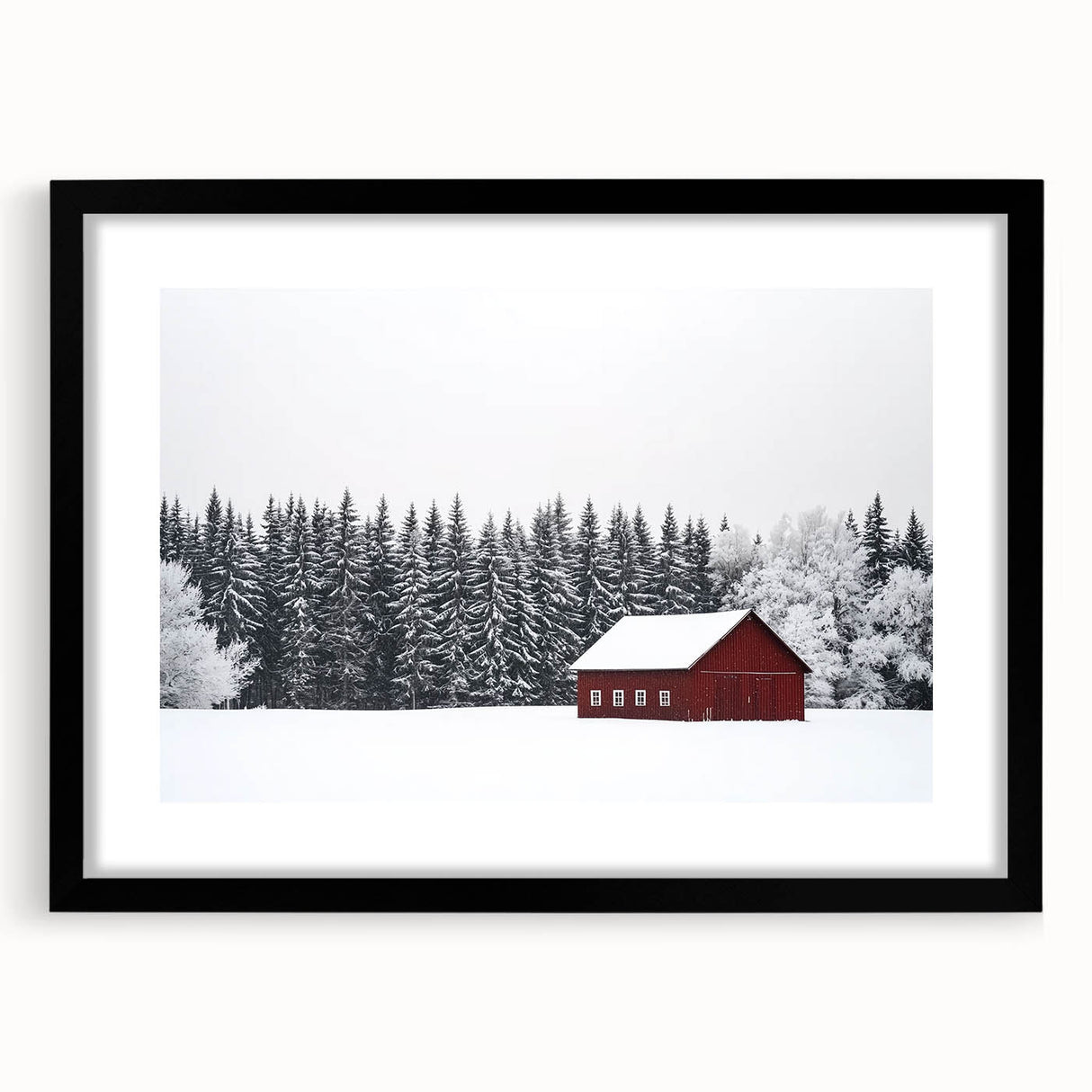 Black-framed landscape barn artwork with a mat showcasing a picturesque rural scene, designed for wall decor in modern home interiors. Ideal for farmhouse aesthetics.