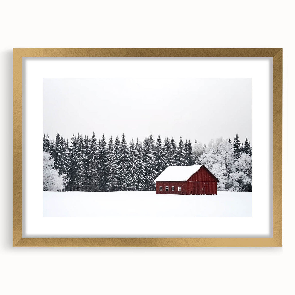 Elegant landscape barn frame showcasing a gold mat, perfectly highlighting scenic artwork. Ideal for home decor or gallery displays, adding a touch of sophistication.