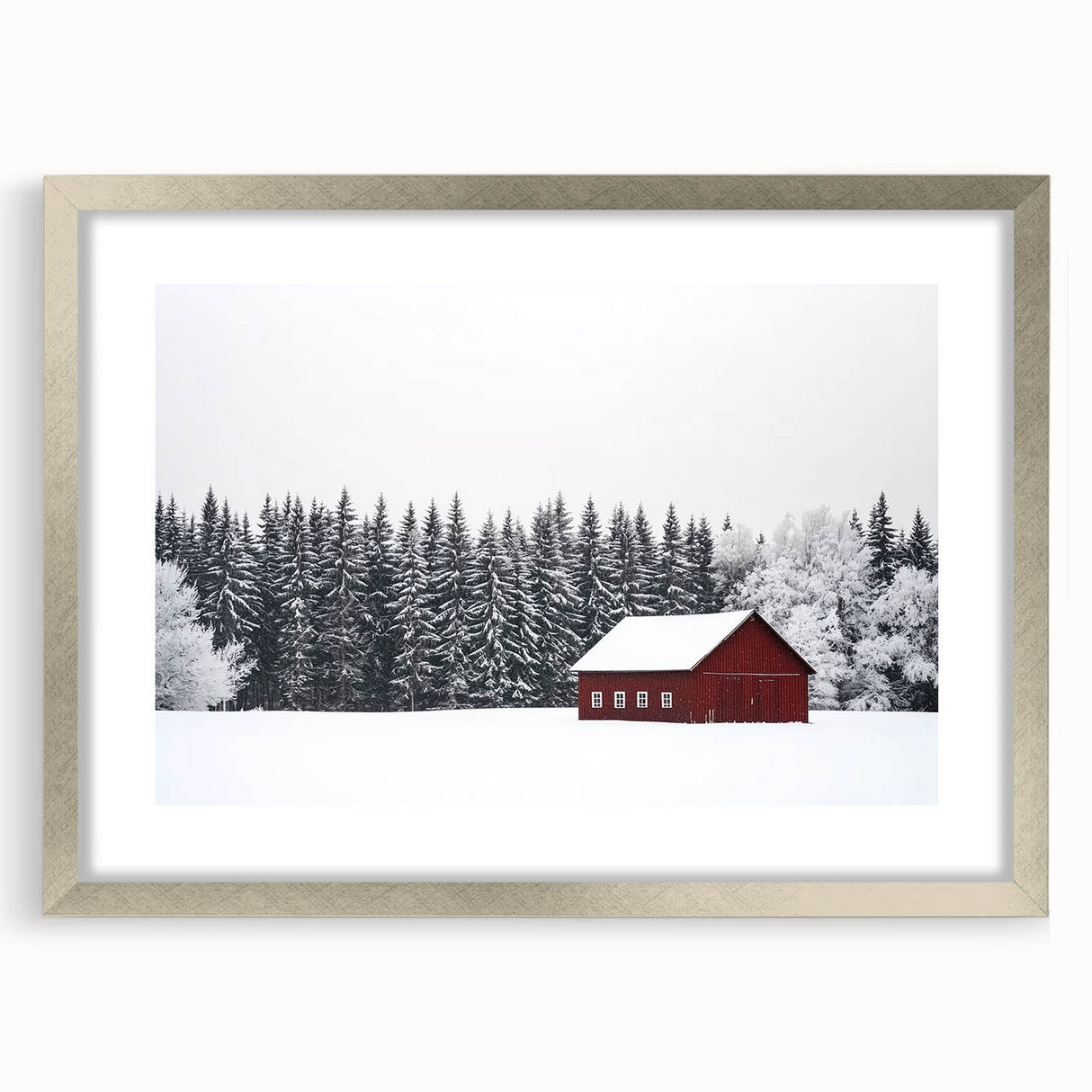 Elegant landscape barn frame showcasing a silver mat, perfect for displaying artwork or photographs. Ideal for rustic decor and home styling.