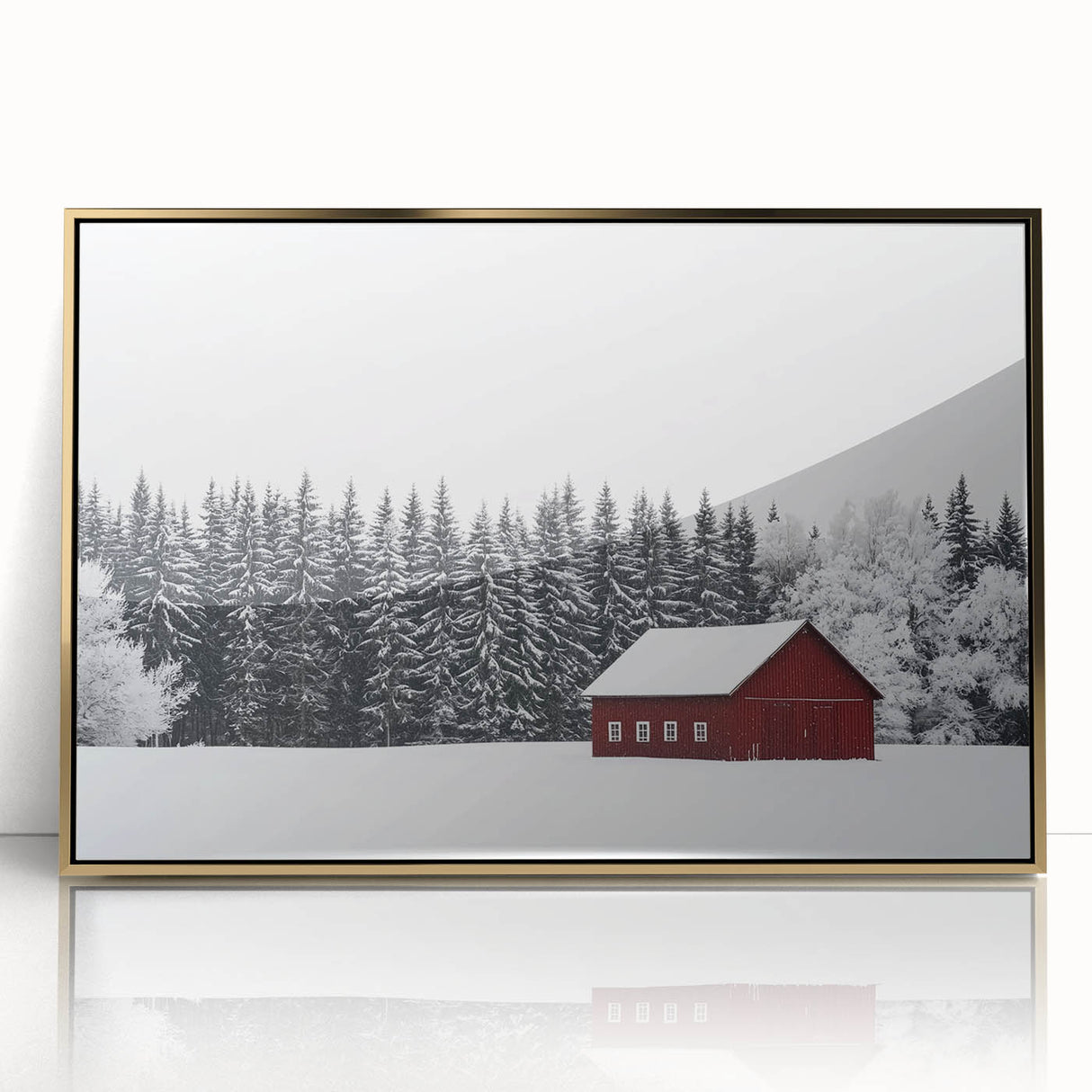 Framed acrylic artwork featuring a landscape design with a barn, highlighted by elegant gold accents. Ideal for rustic home decor, adding warmth and charm to any space.