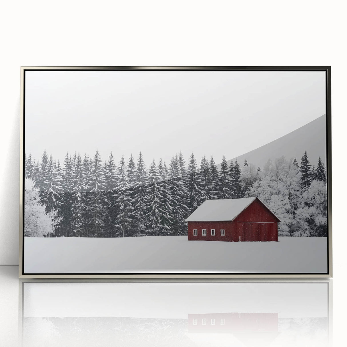 Landscape acrylic print featuring a barn scene framed in sleek silver, showcasing vibrant colors and intricate details, perfect for home decor or rustic themes.