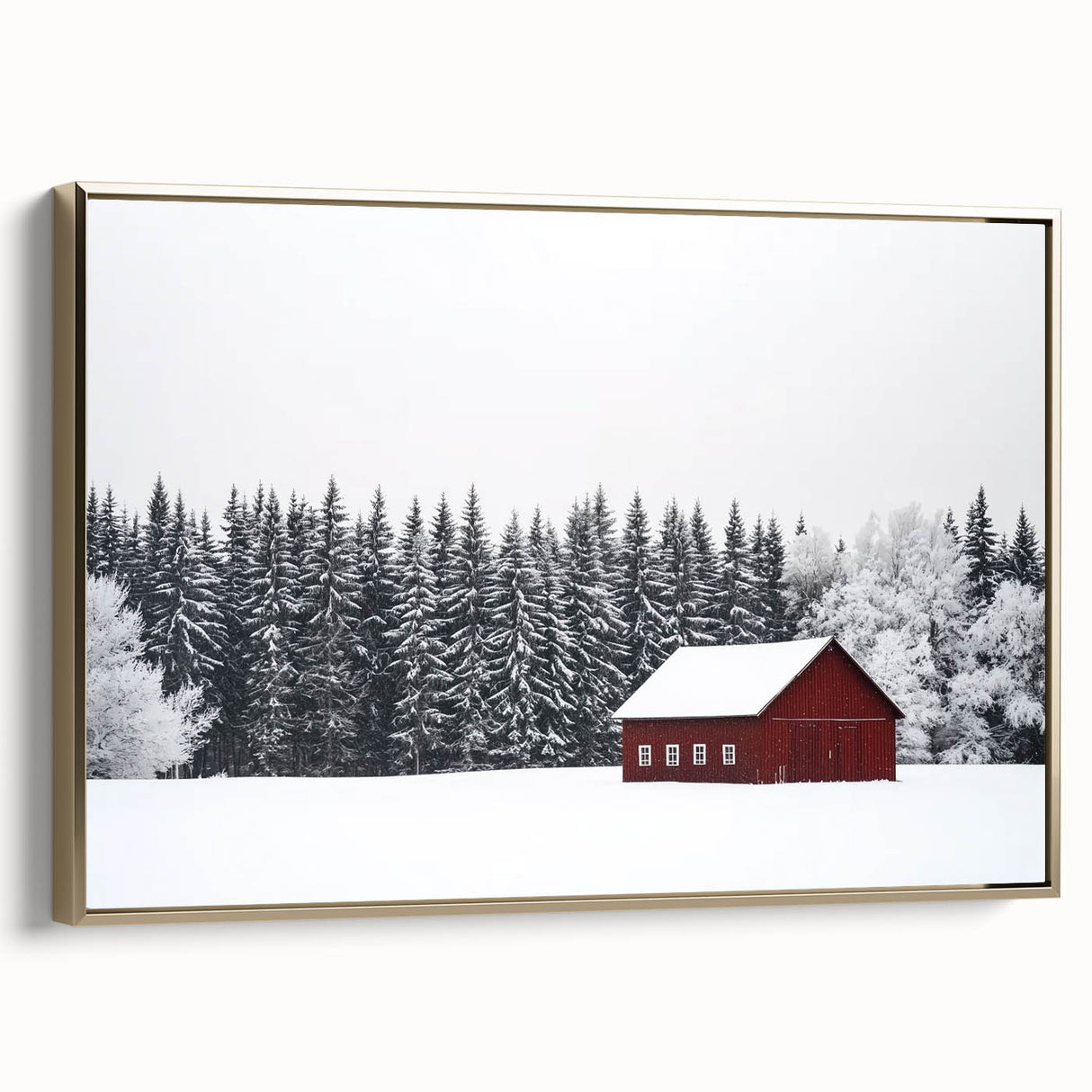 Landscape barn-themed canvas print framed in gold, showcasing a rustic design with warm tones. Ideal for home decor, this artwork adds charm to any space.