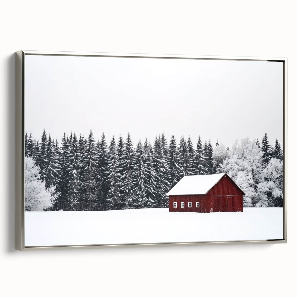 Barn-themed landscape canvas art framed in silver, showcasing a serene rural scene with vibrant colors, perfect for enhancing home decor in living spaces.