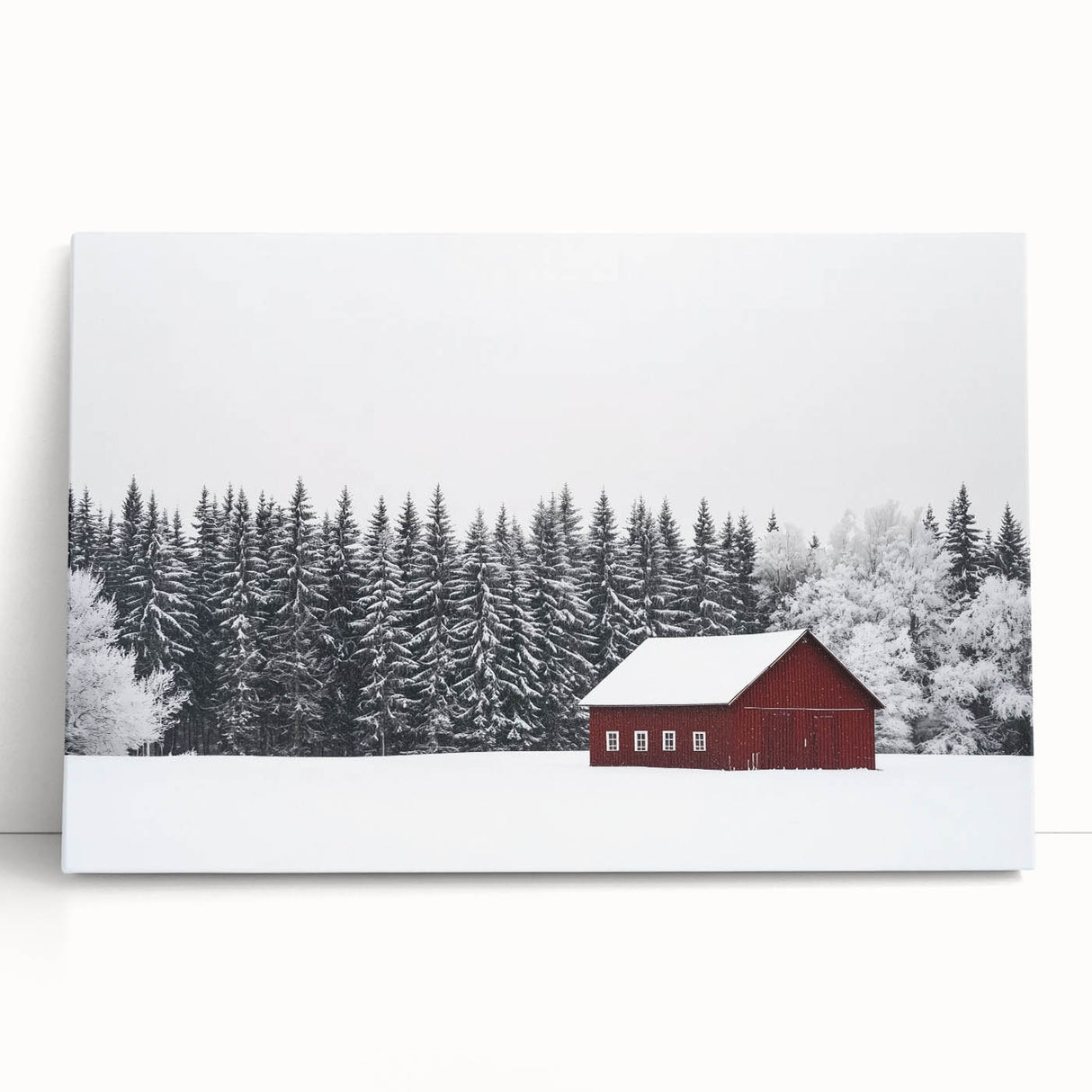 Stretched canvas art print depicting a serene landscape featuring a rustic barn surrounded by lush greenery, perfect for adding a tranquil touch to home decor.