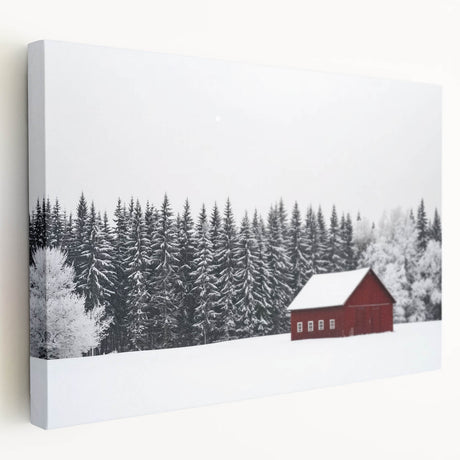 Stretched canvas artwork showcasing a vibrant landscape design of a rustic barn, emphasizing rich colors and detailed textures, ideal for home decor.