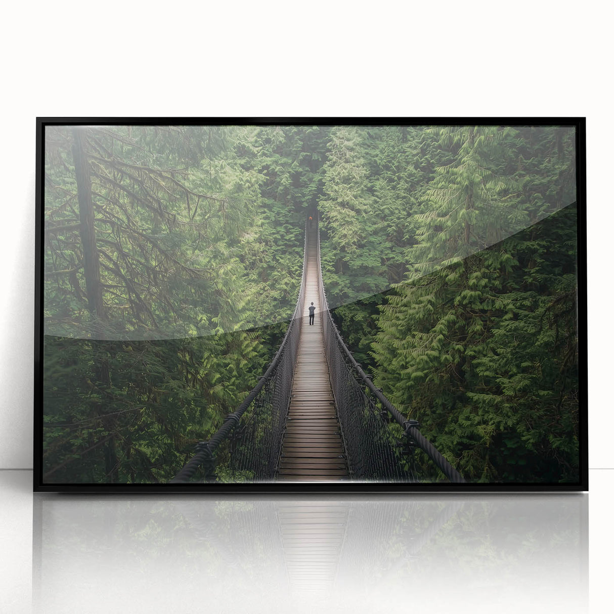 Framed acrylic artwork depicting a serene landscape bridge in black, showcasing intricate details and vivid colors, perfect for enhancing home decor.