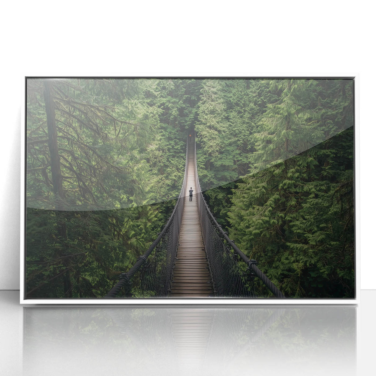 Framed acrylic artwork depicting a serene landscape bridge scene, featuring vibrant colors and intricate details, ideal for home or office decor.