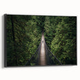 Framed canvas artwork depicting a landscape bridge in a serene setting, featuring a black frame and vibrant colors, ideal for modern home decor.