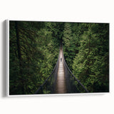 Framed landscape canvas print showcasing a serene bridge scene, featuring lush greenery and a tranquil water reflection, designed in a modern style with a white frame. Ideal for enhancing home decor or office interiors.