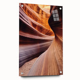 Acrylic landscape wall art depicting colorful canyons, showcasing layered textures and vibrant hues, framed with stylish pins for a modern aesthetic.