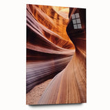 Acrylic glass artwork depicting a stunning landscape of canyons, showcasing vibrant colors and intricate details, ideal for modern home decor. The image captures the artwork's side view, highlighting its sleek edges and contemporary aesthetic.