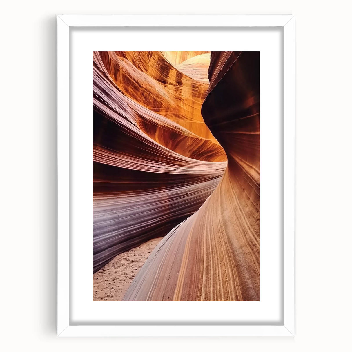 Framed landscape artwork depicting vibrant canyons with a white mat, ideal for home decor. Perfect for enhancing living spaces and art collections.