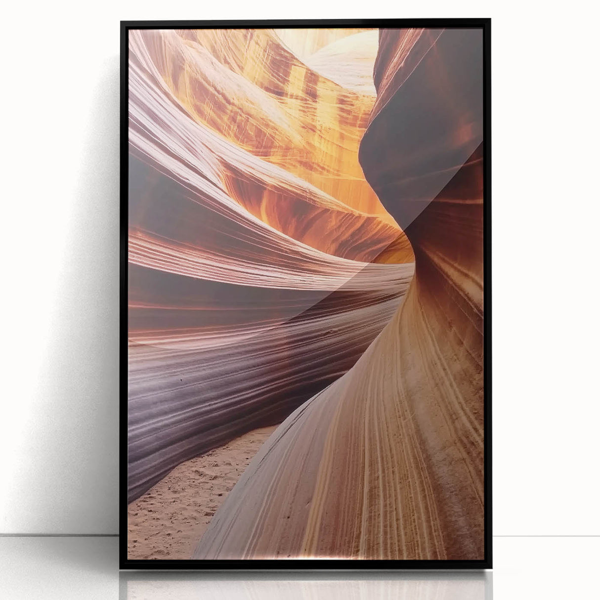 Framed acrylic artwork showcasing a stunning landscape of canyons, featuring rich earth tones and intricate details, perfect for home decor and nature lovers.