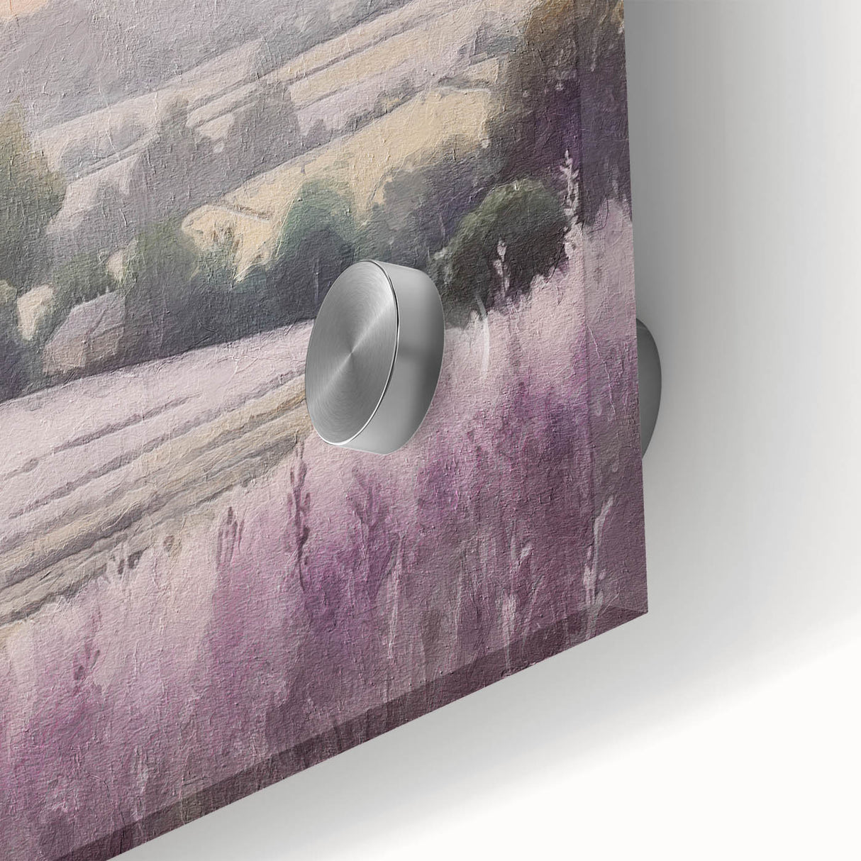 Close-up of a vibrant landscape wall art piece depicting lush countryside scenery, featuring rich greens and blues, printed on acrylic glass for a modern finish. Perfect for enhancing home decor with a touch of nature.