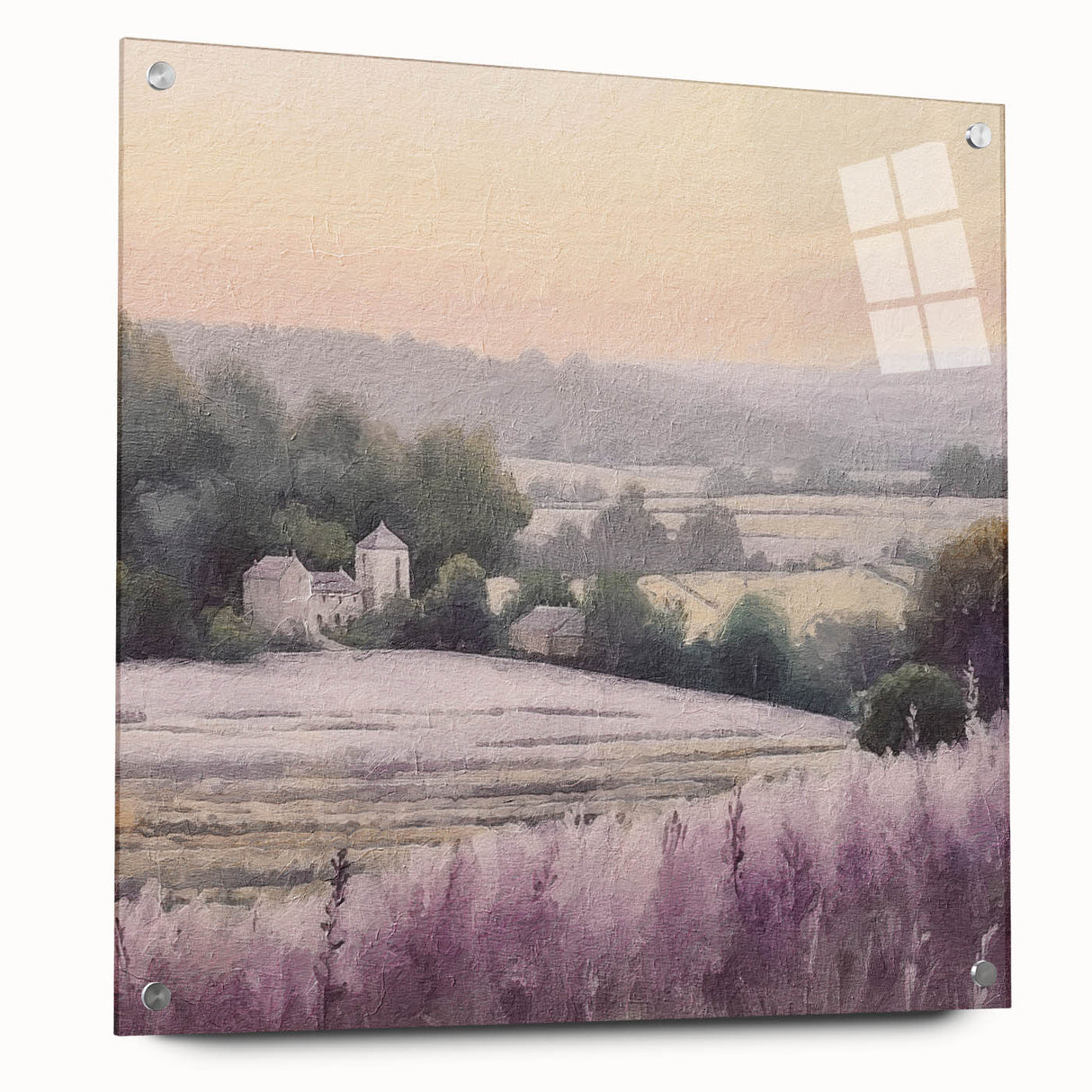 Landscape countryside wall art displayed in a side view, showcasing vibrant colors and detailed textures on acrylic glass, secured with decorative pins.